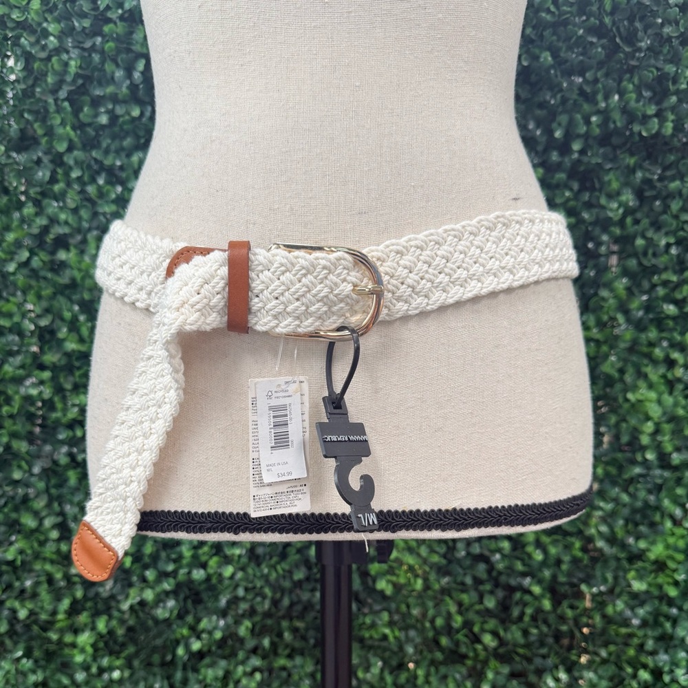 Banana Republic Cream Braided Waist Belt with Tan Leather Trim